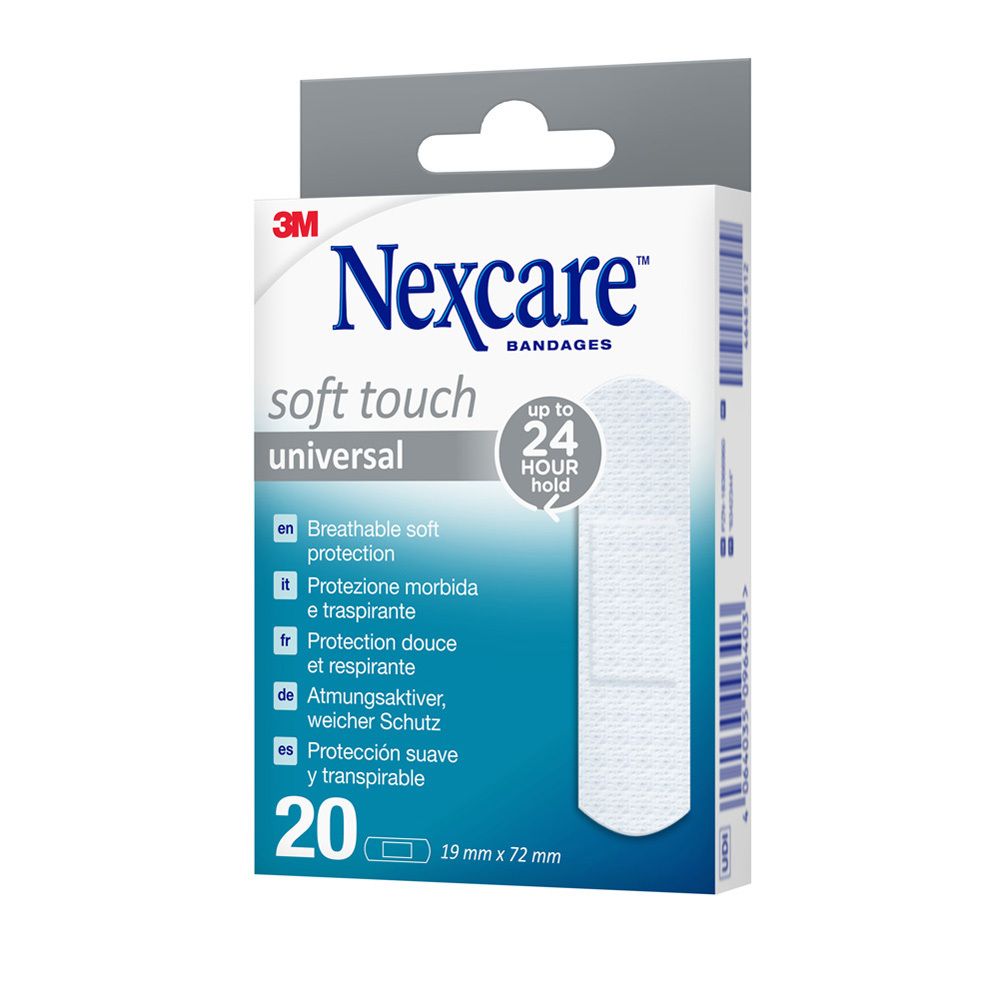 Verpakking Nexcare Soft Touch Universal pleisters. 20 stuks, 19 mm x 72 mm. Opschrift: 3M, Nexcare, Soft Touch, Universal.