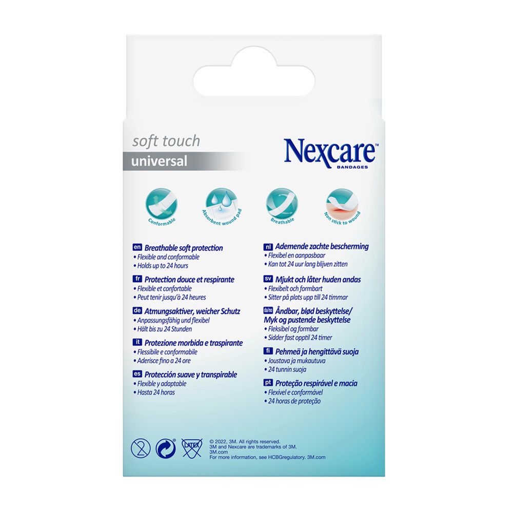 Achterkant van de verpakking van Nexcare Soft Touch Universal pleisters. Meertalige tekst. Illustraties.