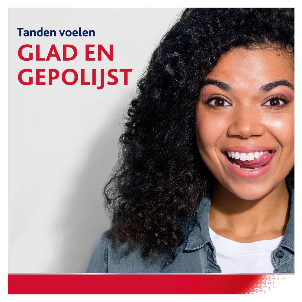 Illustratie van een tandpastaformule. Tand en tandvlees in rood en blauw.