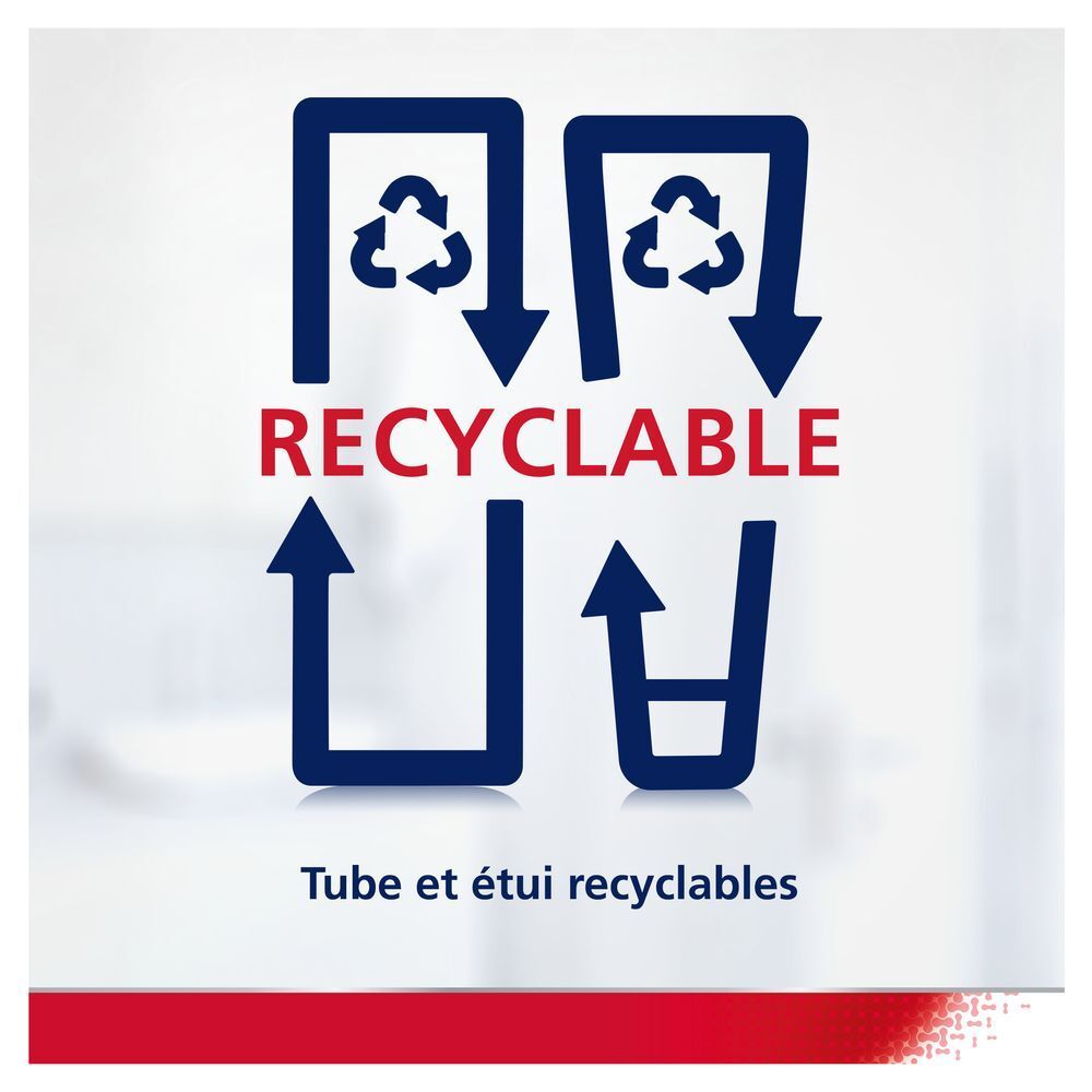 Recycle symbolen. Tekst: RECYCLEBAAR. Recyclebare tube en doosje.