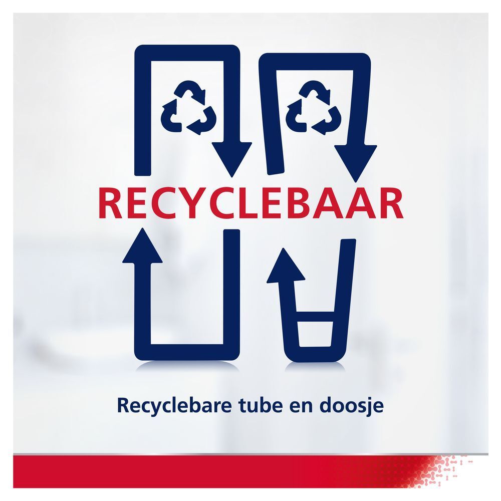 Recycle symbolen. Tekst: RECYCLEBAAR. Recyclebare tube en doosje.