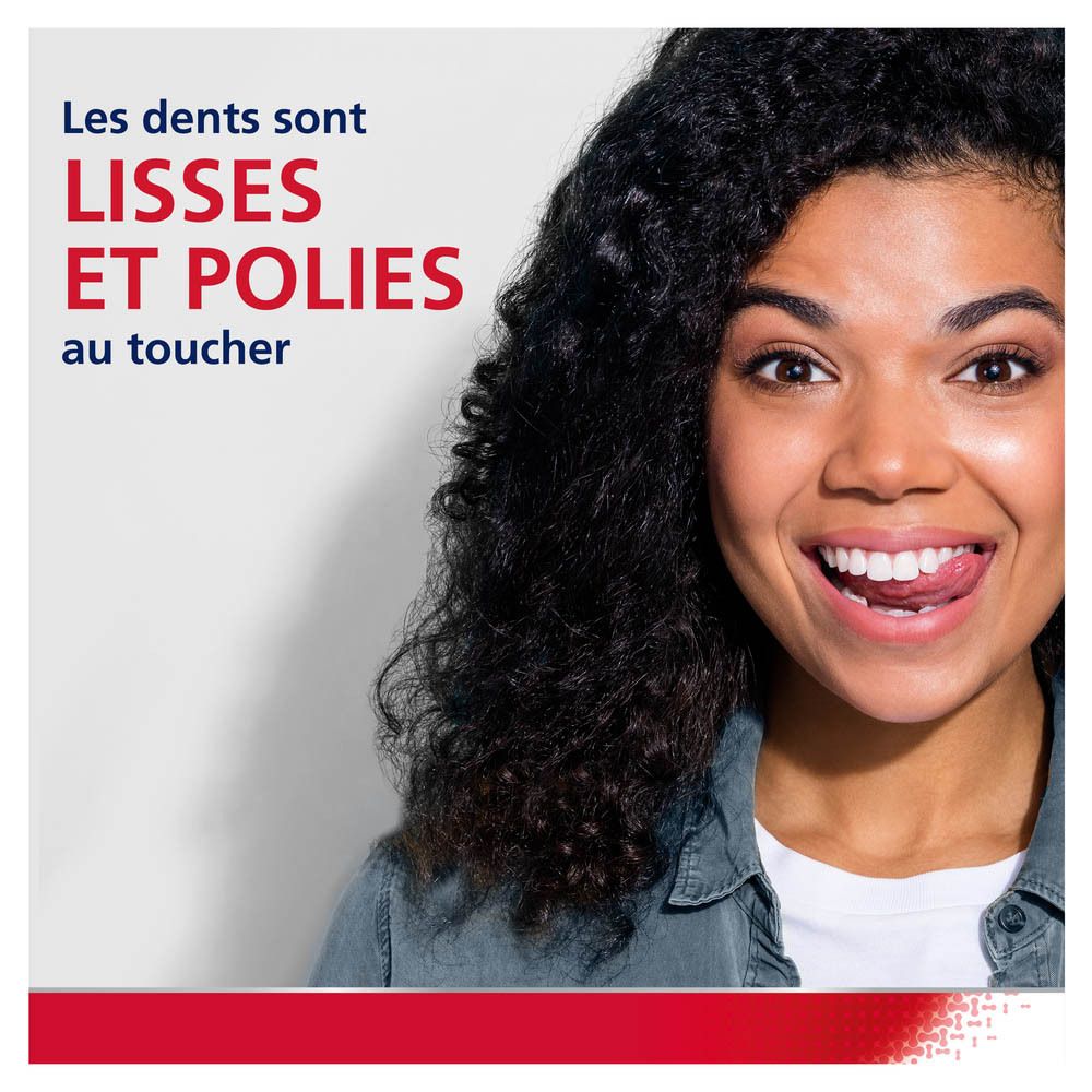 Femme avec une brosse à dents. Inscription : Parodontax Active Repair Gencives Whitening.