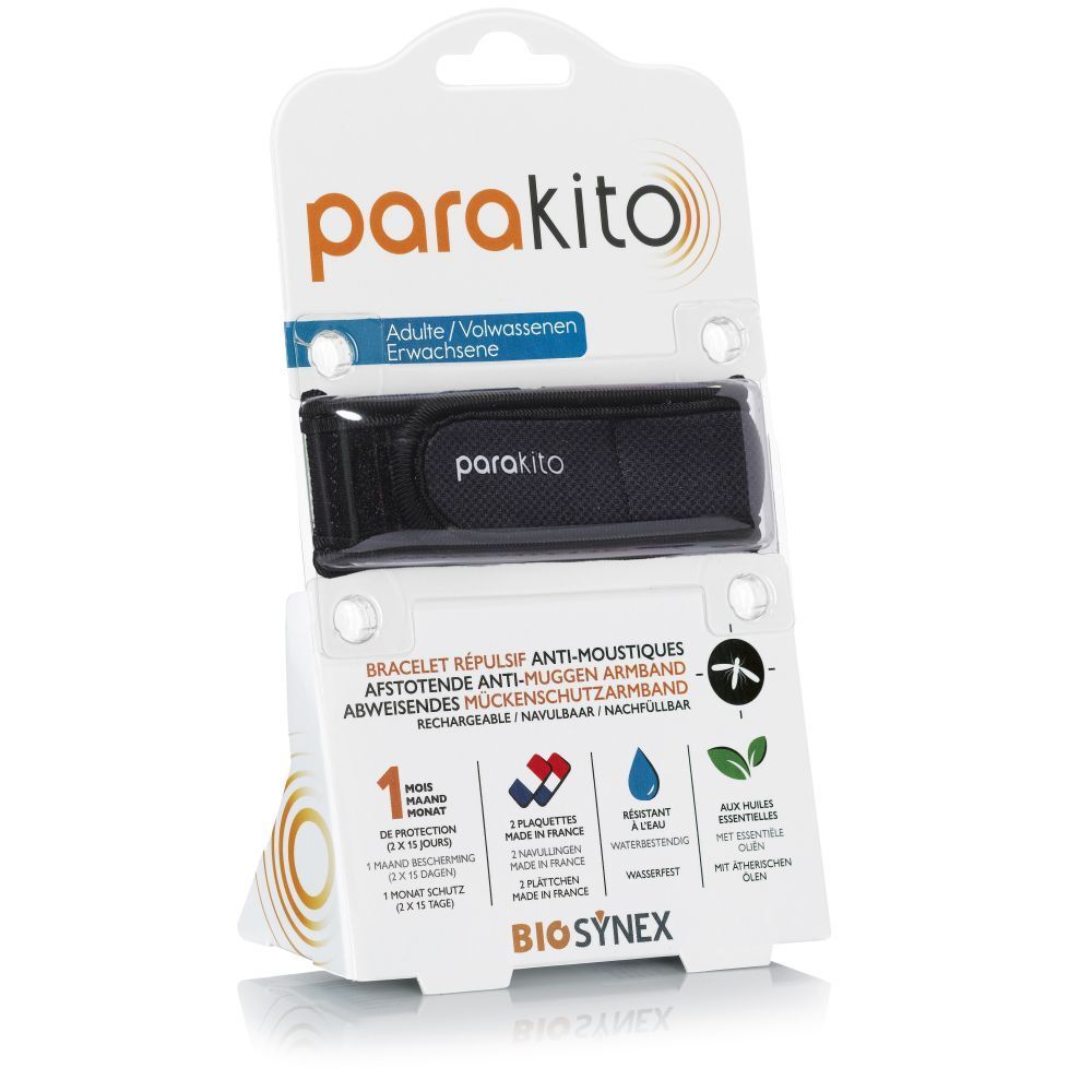 Bracelet ParaKito en emballage. Bracelet noir, texte: Bracelet Répulsif Anti-Moustiques, 1 mois de protection, résistant à l'eau, huiles essentielles.