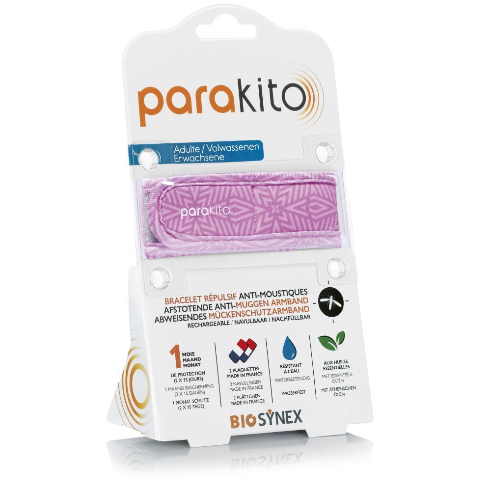 ParaKito armband in verpakking. Lichtpaarse armband met patroon. Verpakking met productinfo en logo.