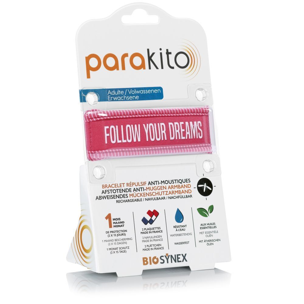 ParaKito armband in verpakking. Rood armband met de tekst "FOLLOW YOUR DREAMS".