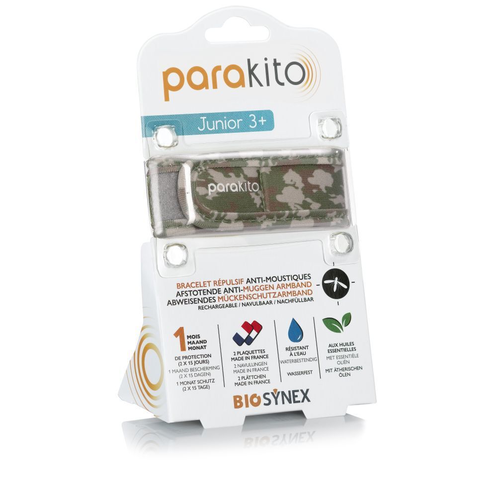 ParaKito Junior 3+ Camouflage armband in verpakking. Tekst: Anti-muggenarmband, 1 maand bescherming, 2 plaatjes, waterbestendig, essentiële oliën.