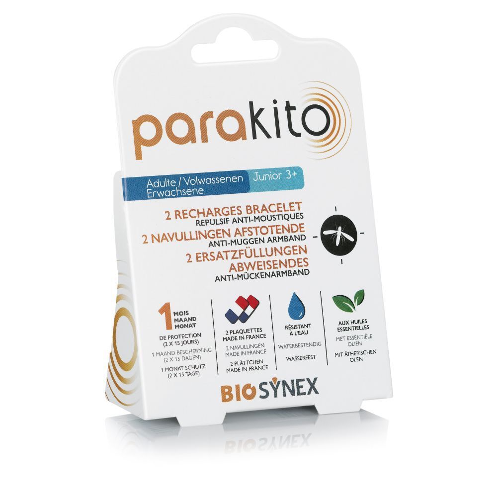 Paquet de 2 recharges pour bracelet anti-moustique ParaKito. Vue en biais. Contient 2 plaquettes, résistant à l'eau, aux huiles essentielles.