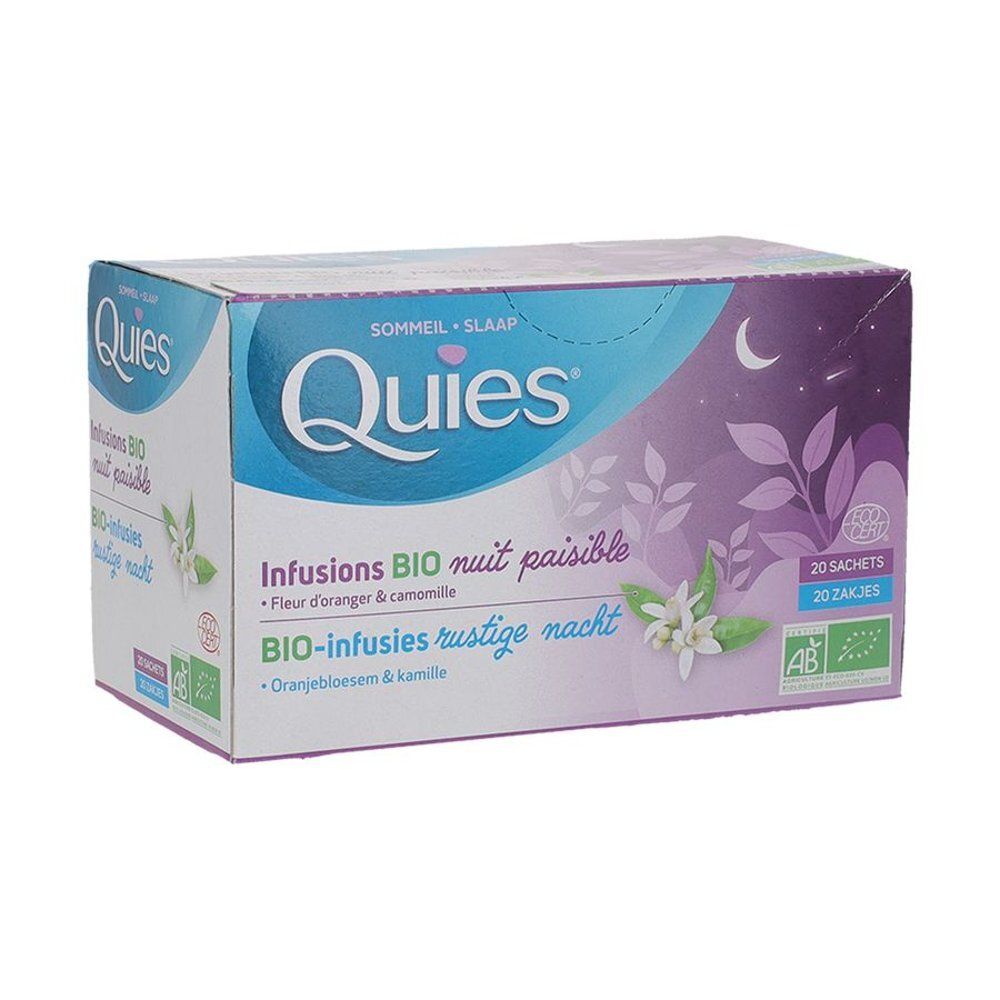 Boîte "Quies" pour infusions BIO nuit paisible. Contient 20 sachets. Label AB. Fleurs d'oranger et camomille.