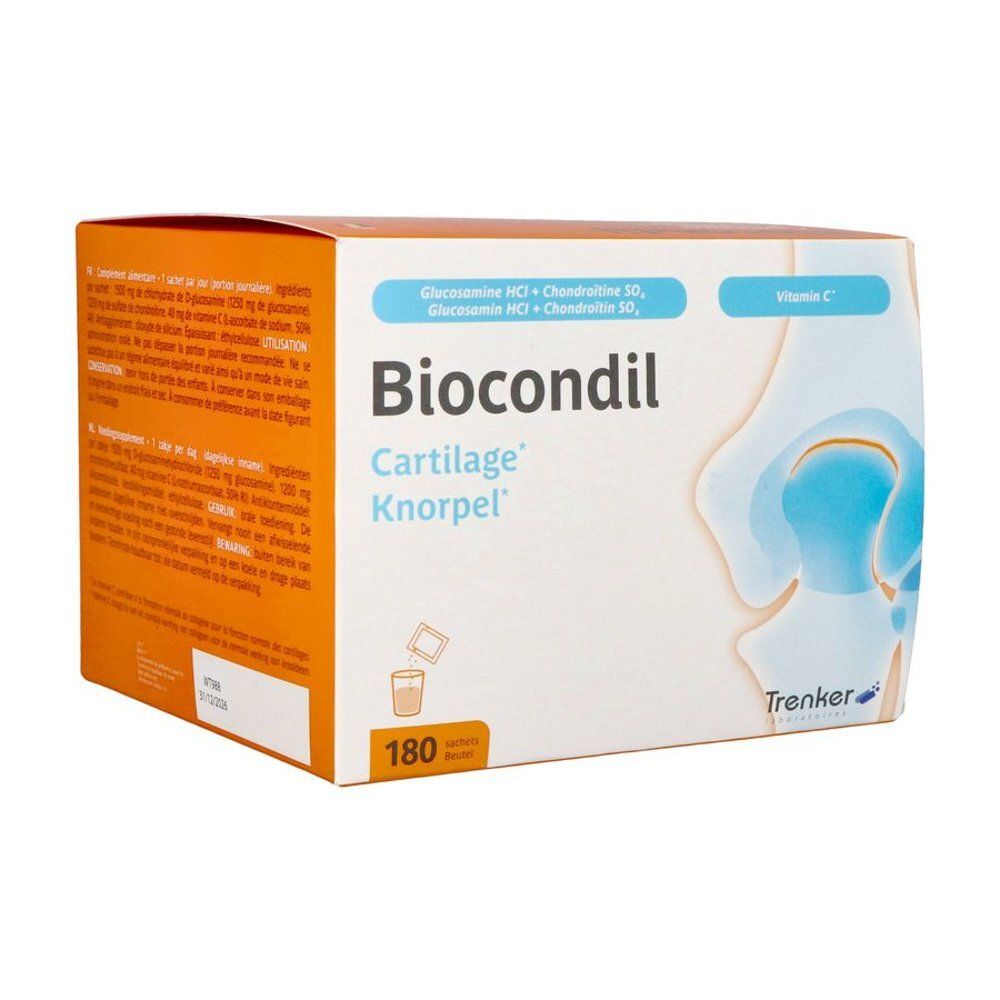 Achterkant Biocondil verpakking. Tekst in het Duits en Engels. Bevat 180 sachets. Merk: Trenker.