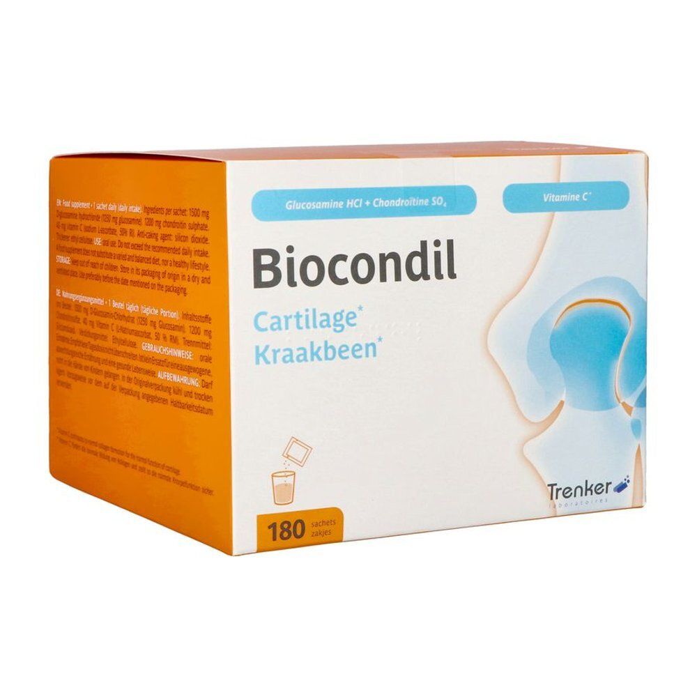 Boîte Biocondil. Contient 180 sachets. Inscription : Knorpel. Marque : Trenker. Orange et blanc.