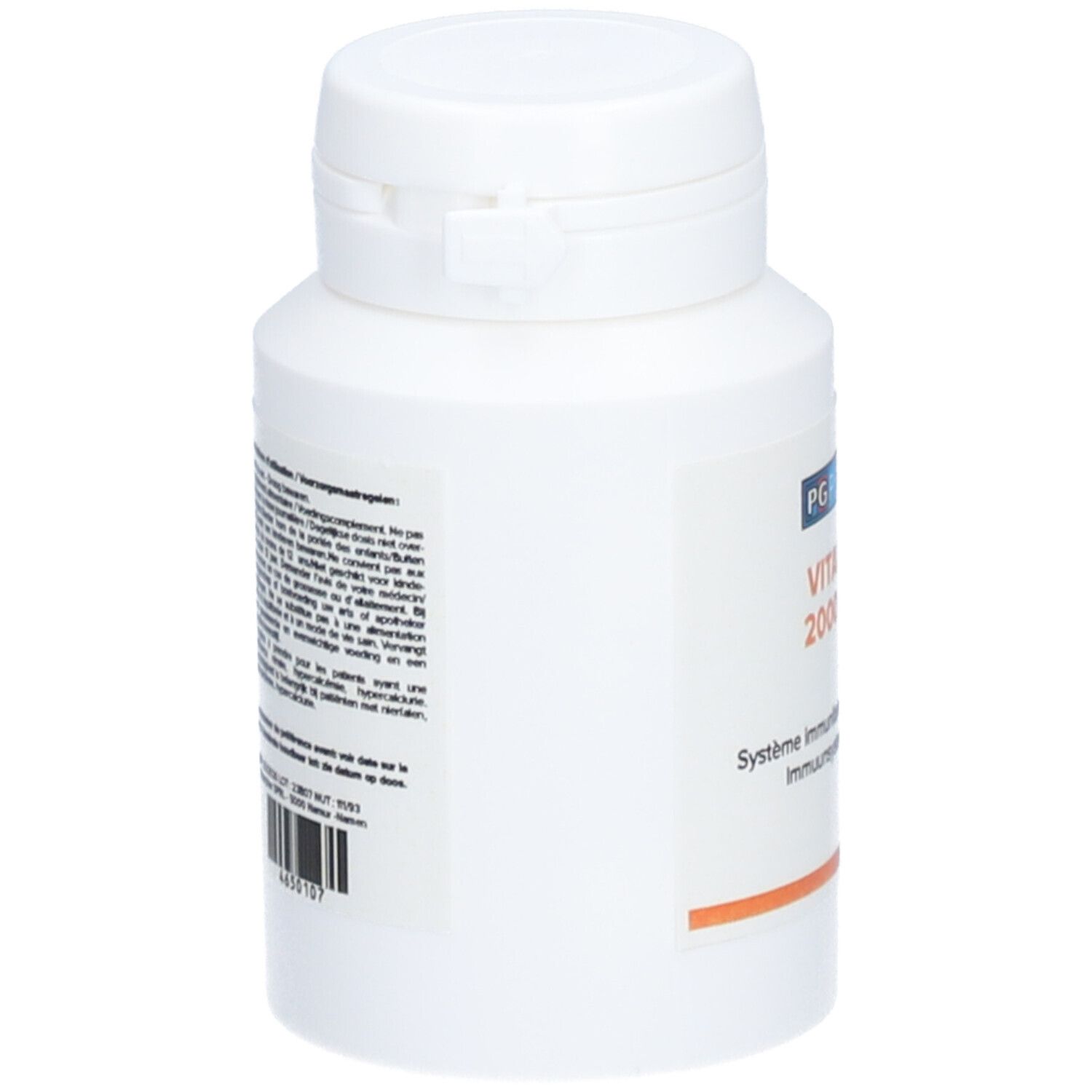 Flacon blanc de vitamine D3. Dos avec texte. Bande orange en bas.
