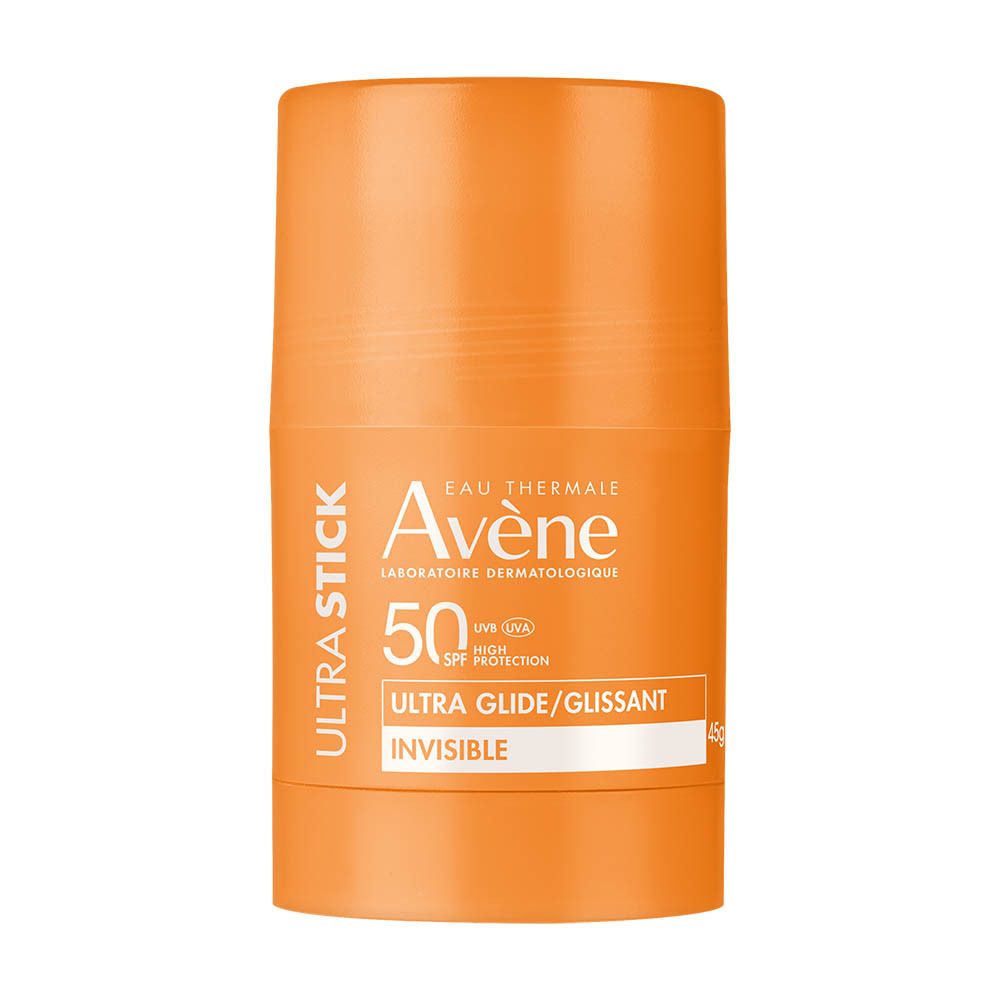 Stick solaire orange. Marque Avène, Ultra Stick, SPF 50. Texte: Ultra Glide/Glissant, Invisible.