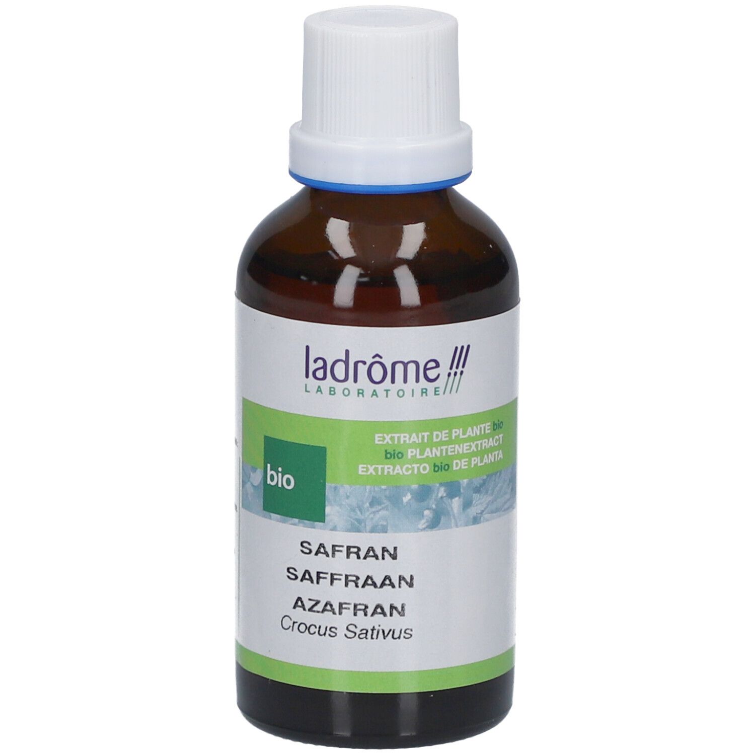 Flacon en verre brun avec bouchon blanc. Étiquette 'Ladrôme Safran'. Certification bio. Texte en français, néerlandais, allemand.