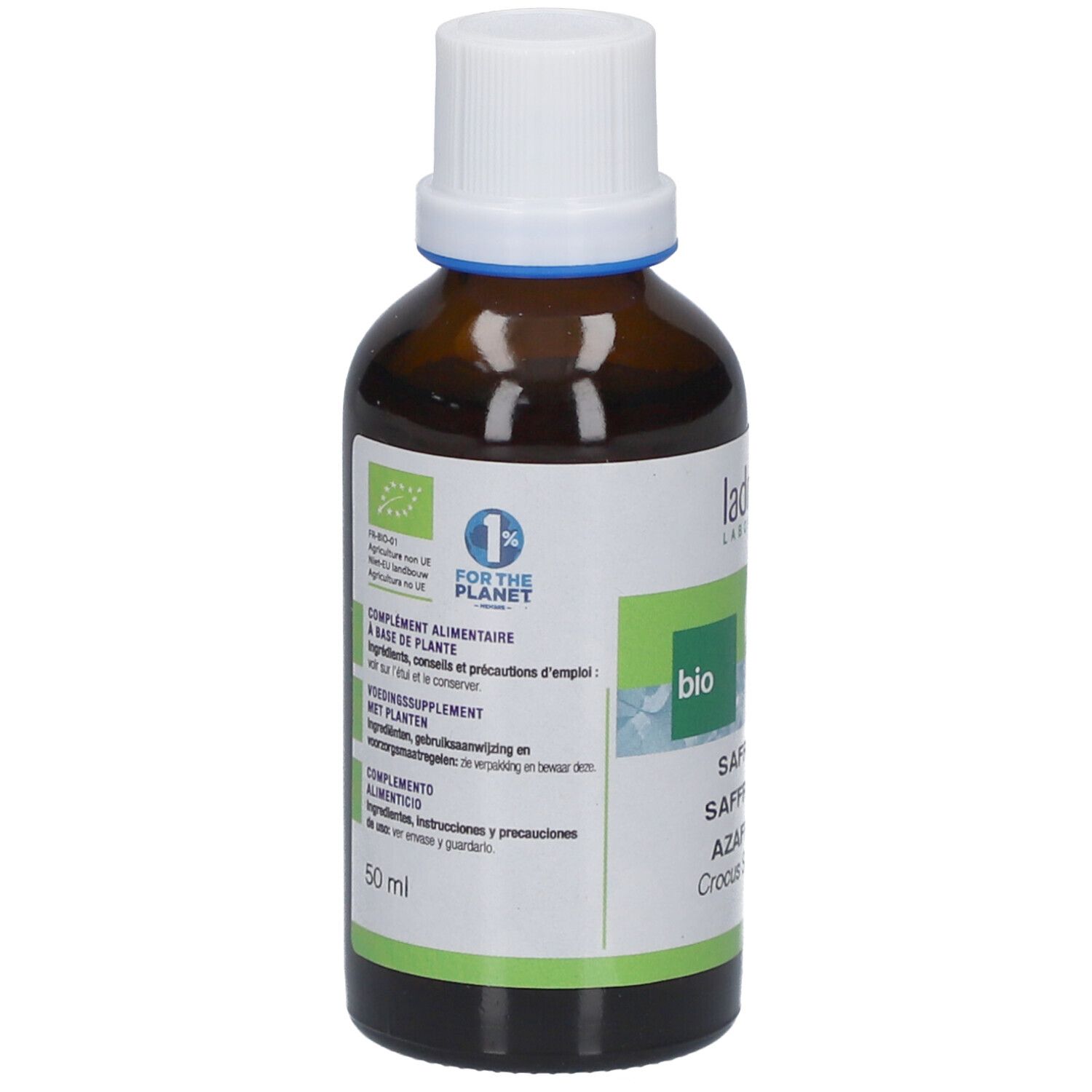 Flacon en verre brun avec bouchon blanc. Étiquette 'Ladrôme Safran'. Certification bio. Logo 1% pour la planète. 50 ml.