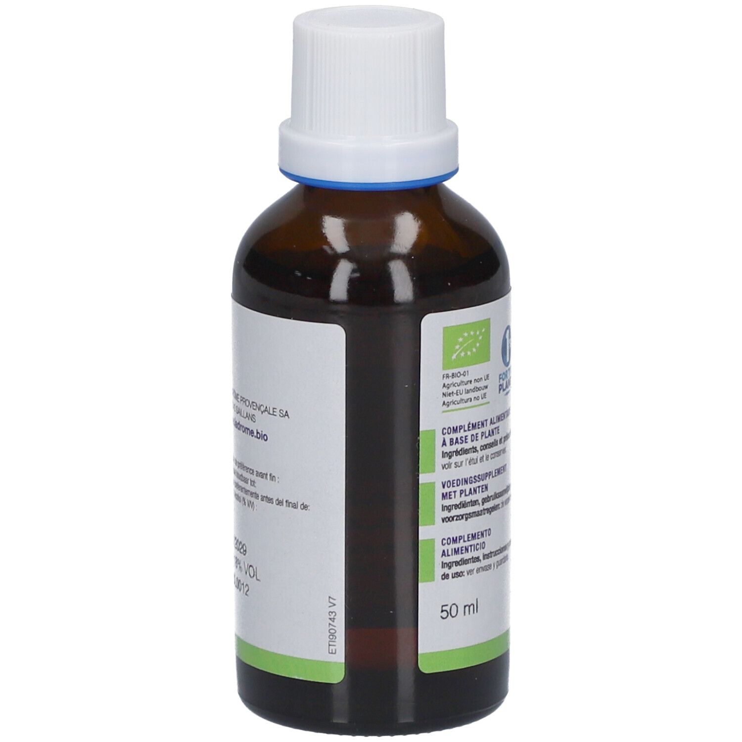 Flacon en verre brun avec bouchon blanc. Étiquette avec texte. Certification bio. 50 ml. Logo bio UE. Texte en français, néerlandais, allemand.