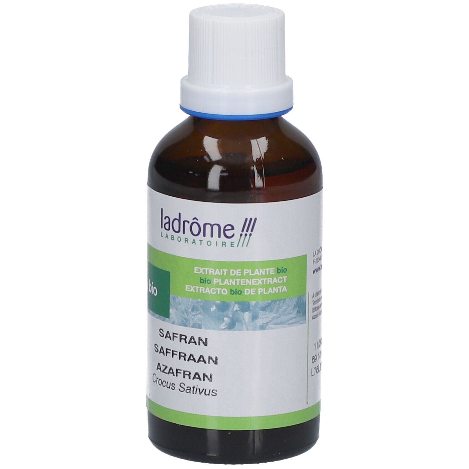 Flacon en verre brun avec bouchon blanc. Étiquette 'Ladrôme Safran'. Certification bio. Texte en français, néerlandais, allemand.