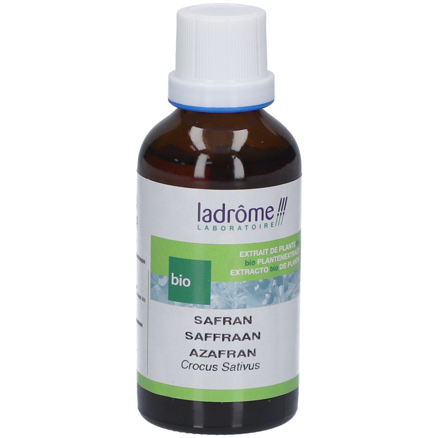 Flacon en verre brun avec bouchon blanc. Étiquette 'Ladrôme Safran'. Certification bio. Texte en français, néerlandais, allemand.