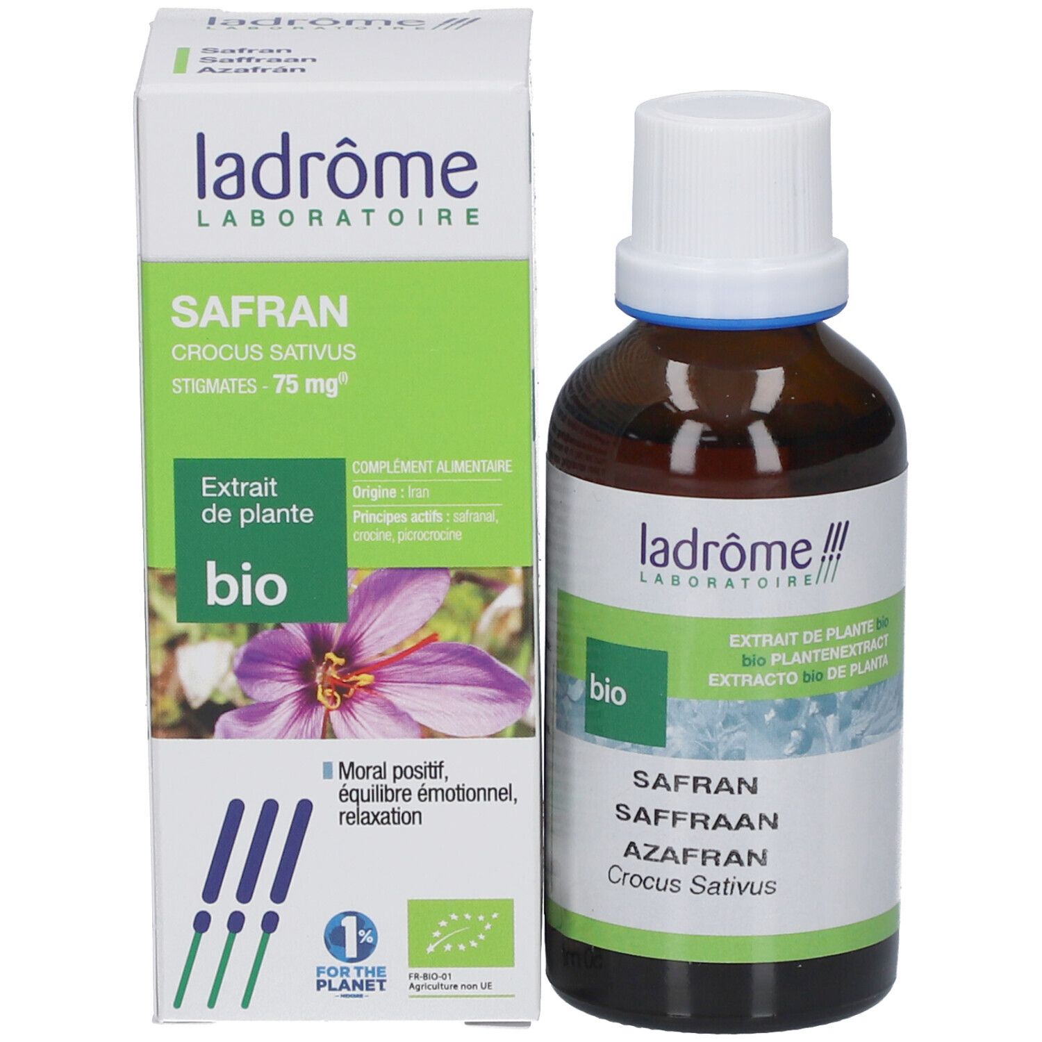 Flacon en verre brun et carton. Carton avec 'Ladrôme Safran'. Certification bio. Illustration d'une fleur. Logo 1% pour la planète.