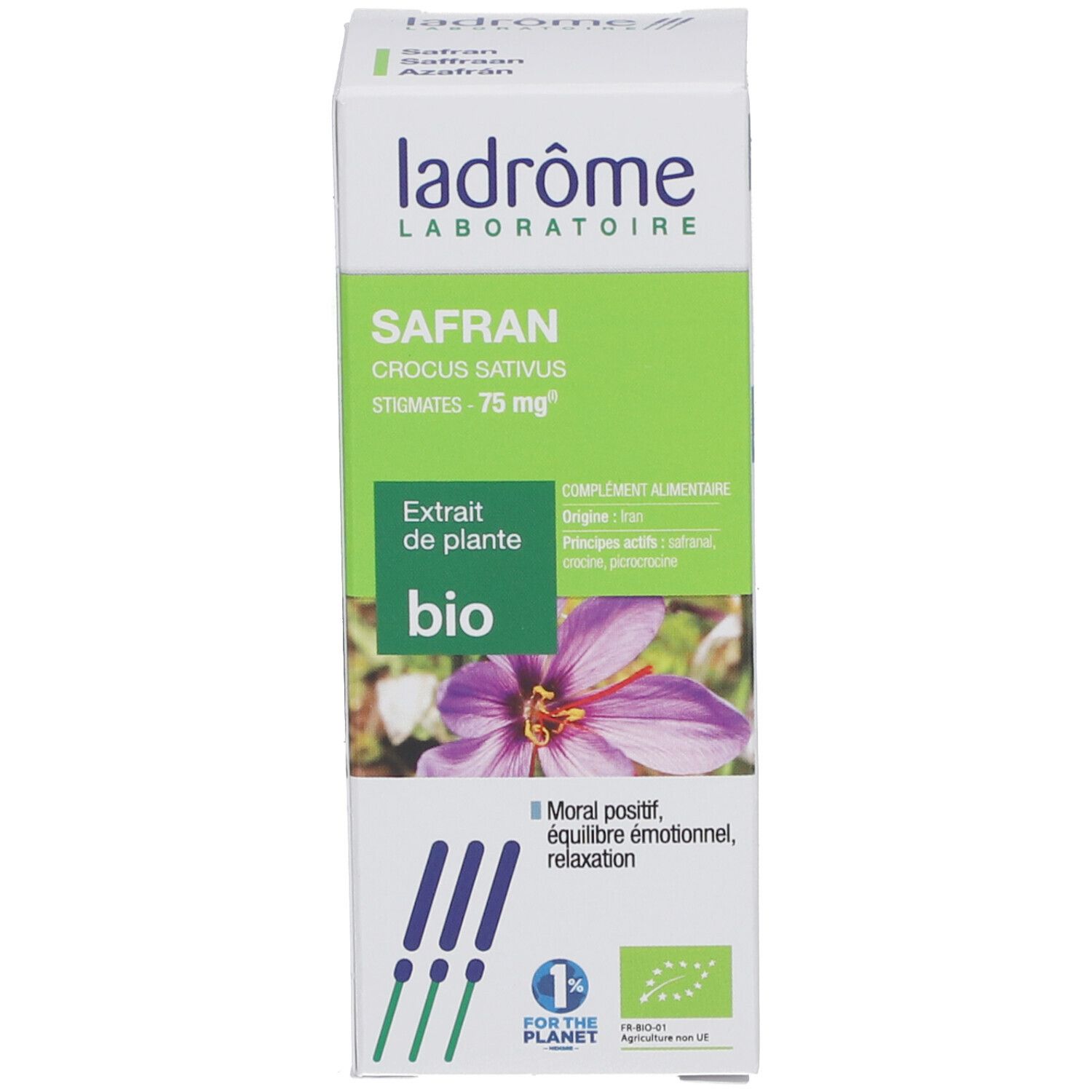 Carton avec 'Ladrôme Safran'. Certification bio. Illustration d'une fleur. Logo 1% pour la planète. Texte en français.