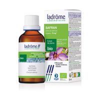Flacon en verre brun et carton. Carton avec 'Ladrôme Safran'. Certification bio. Illustration d'une fleur. Logo 1% pour la planète.