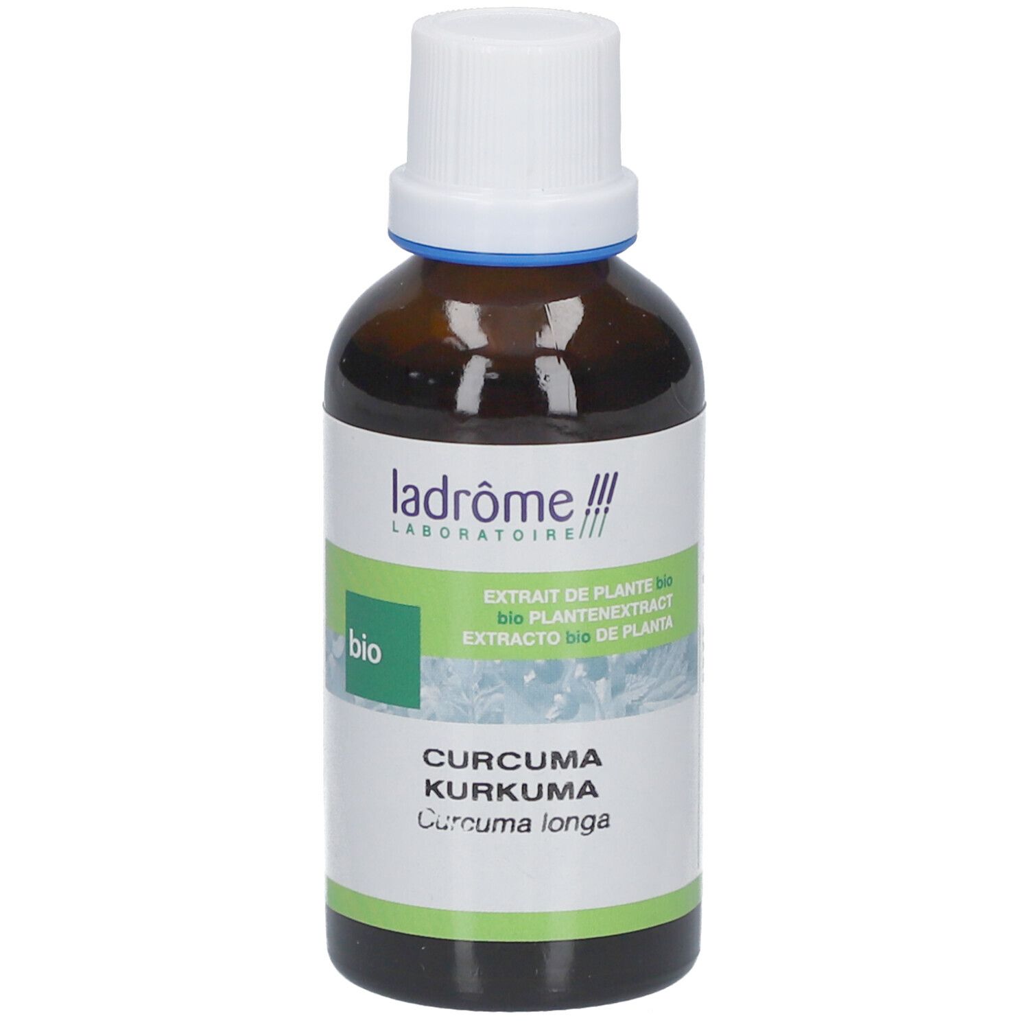 Flacon en verre brun avec bouchon blanc. Étiquette avec nom du produit et label bio. Texte : Curcuma, Kurkuma, Curcuma longa.
