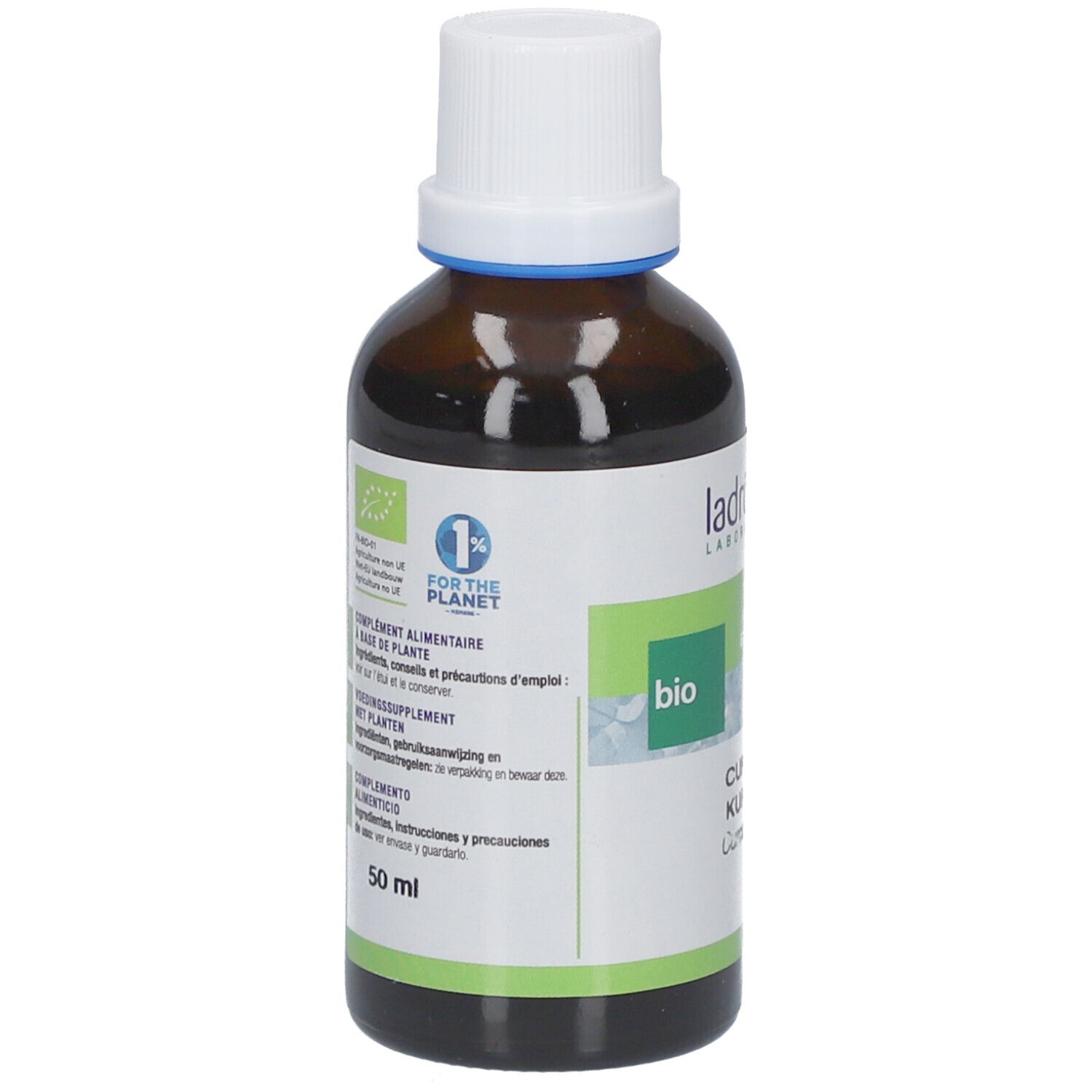 Flacon en verre brun avec bouchon blanc. Étiquette avec nom, label bio et 1% for the Planet. Texte : Curcuma, Kurkuma, Curcuma longa.