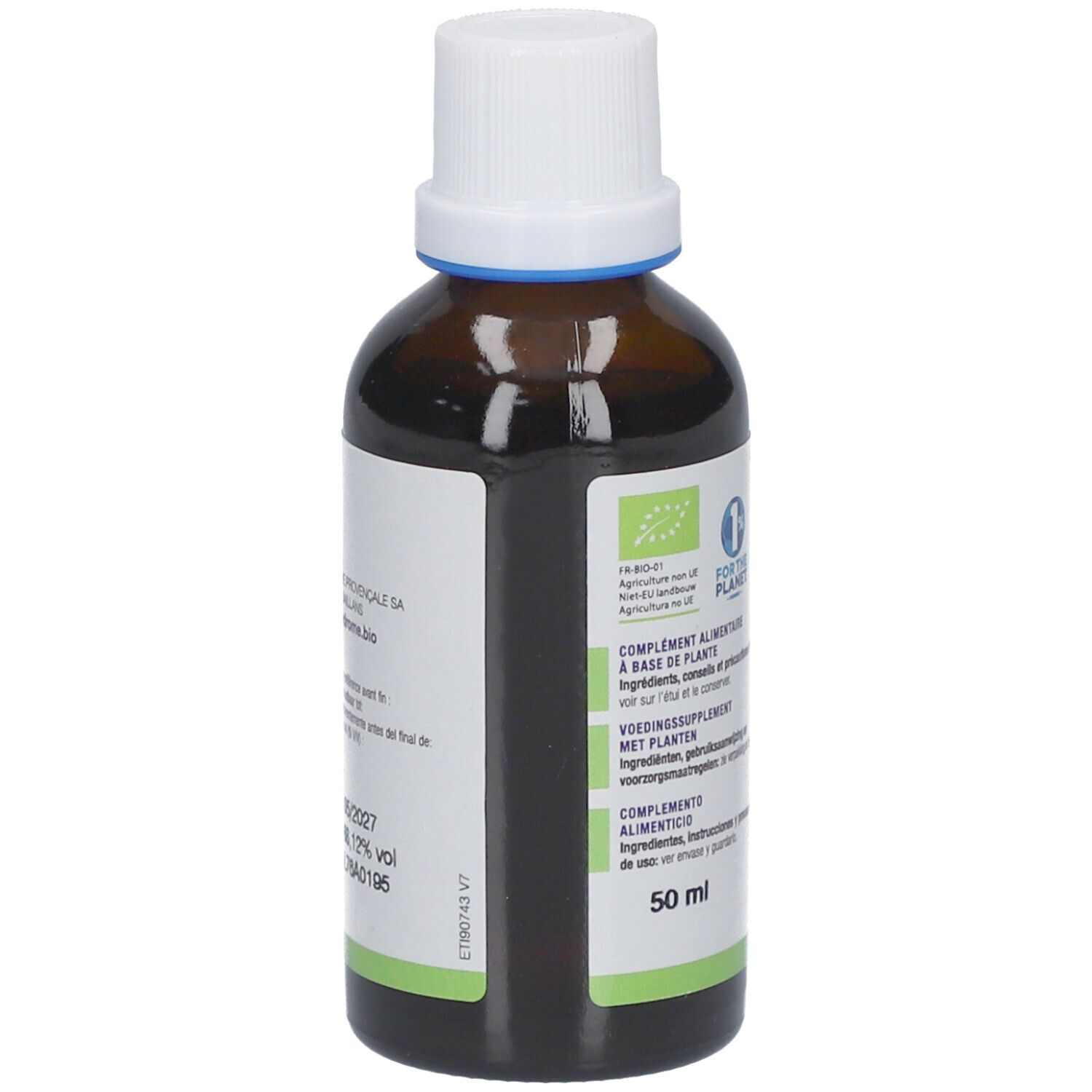 Flacon en verre brun avec bouchon blanc. Dos avec texte et label bio. Texte : Complément alimentaire à base de plantes, 50 ml.