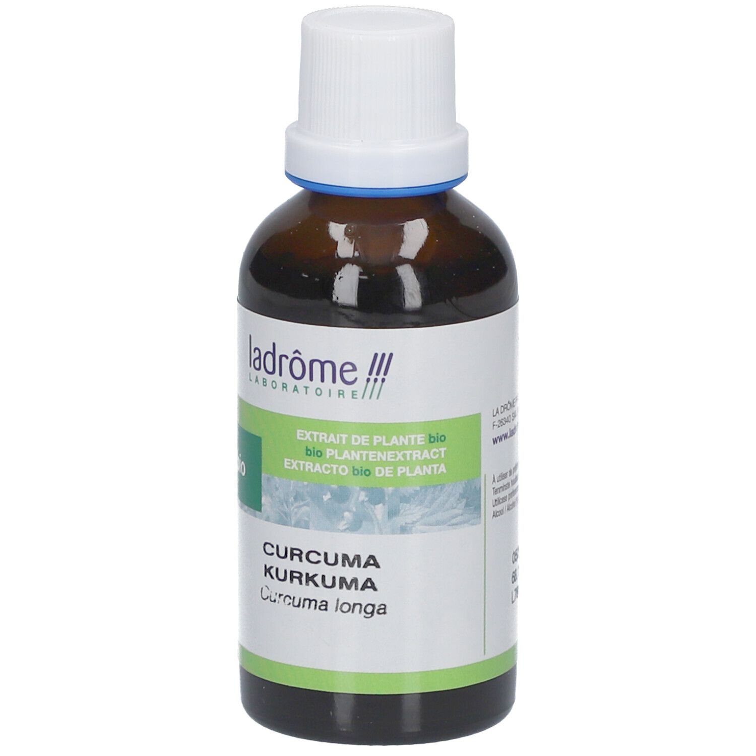 Flacon en verre brun avec bouchon blanc. Étiquette avec nom et label bio. Texte : Curcuma, Kurkuma, Curcuma longa.