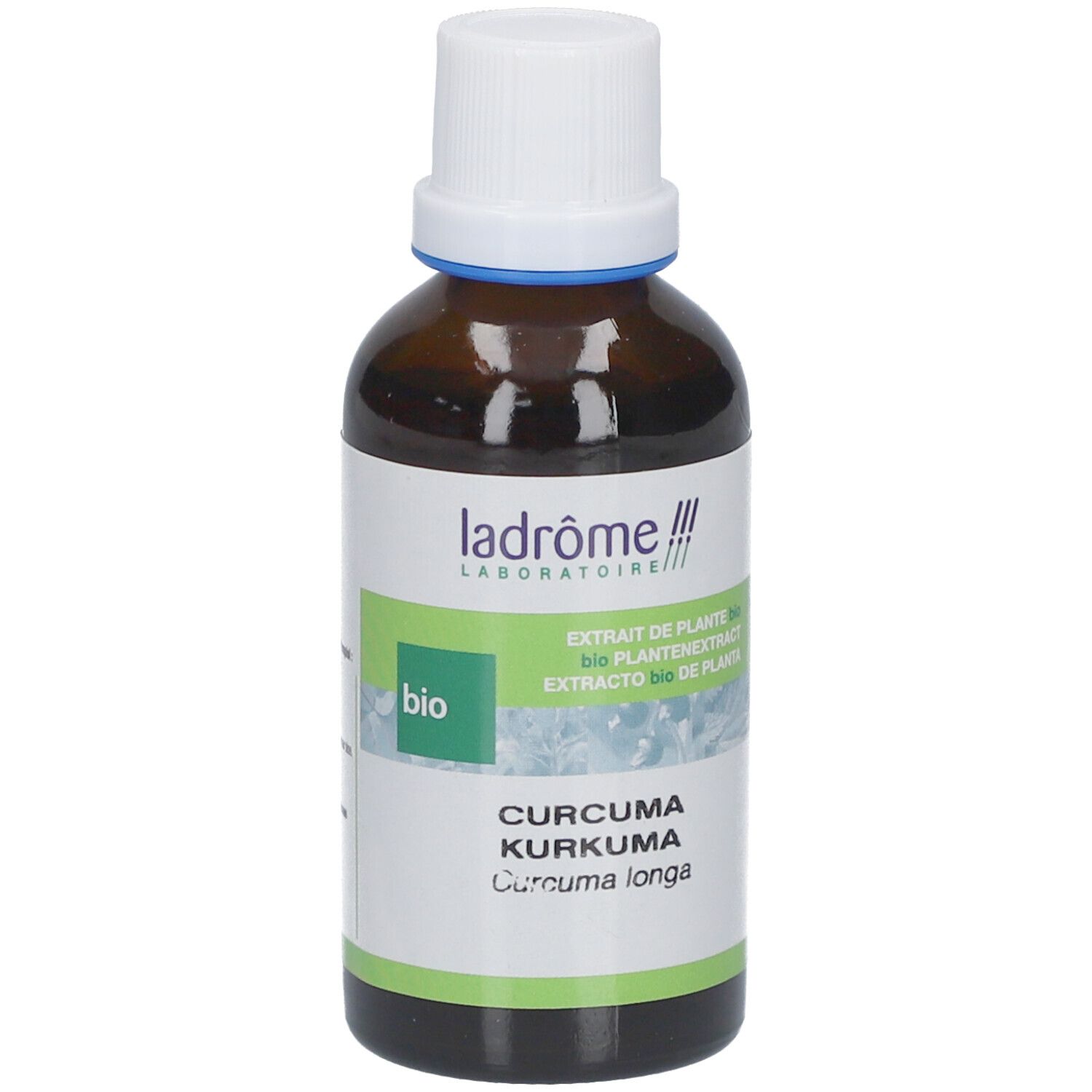 Flacon en verre brun avec bouchon blanc. Étiquette avec nom et label bio. Texte : Curcuma, Kurkuma, Curcuma longa.