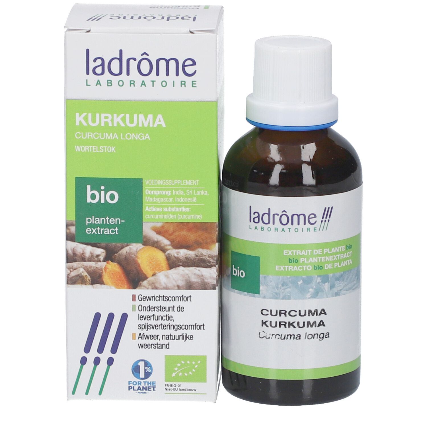 Flacon et emballage. Flacon avec bouchon blanc, emballage vert. Texte : Kurkuma, Curcuma longa, Bio, extrait de plante.