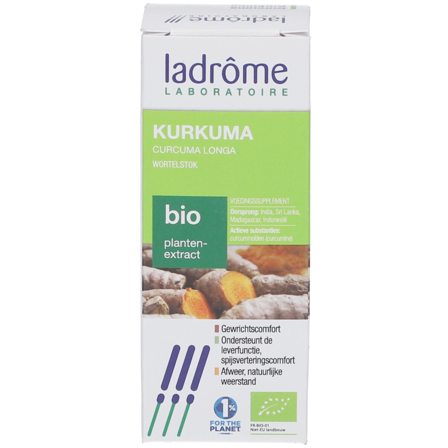Emballage vert. Texte : Kurkuma, Curcuma longa, rhizome, Bio, extrait de plante. Images de racines de curcuma.