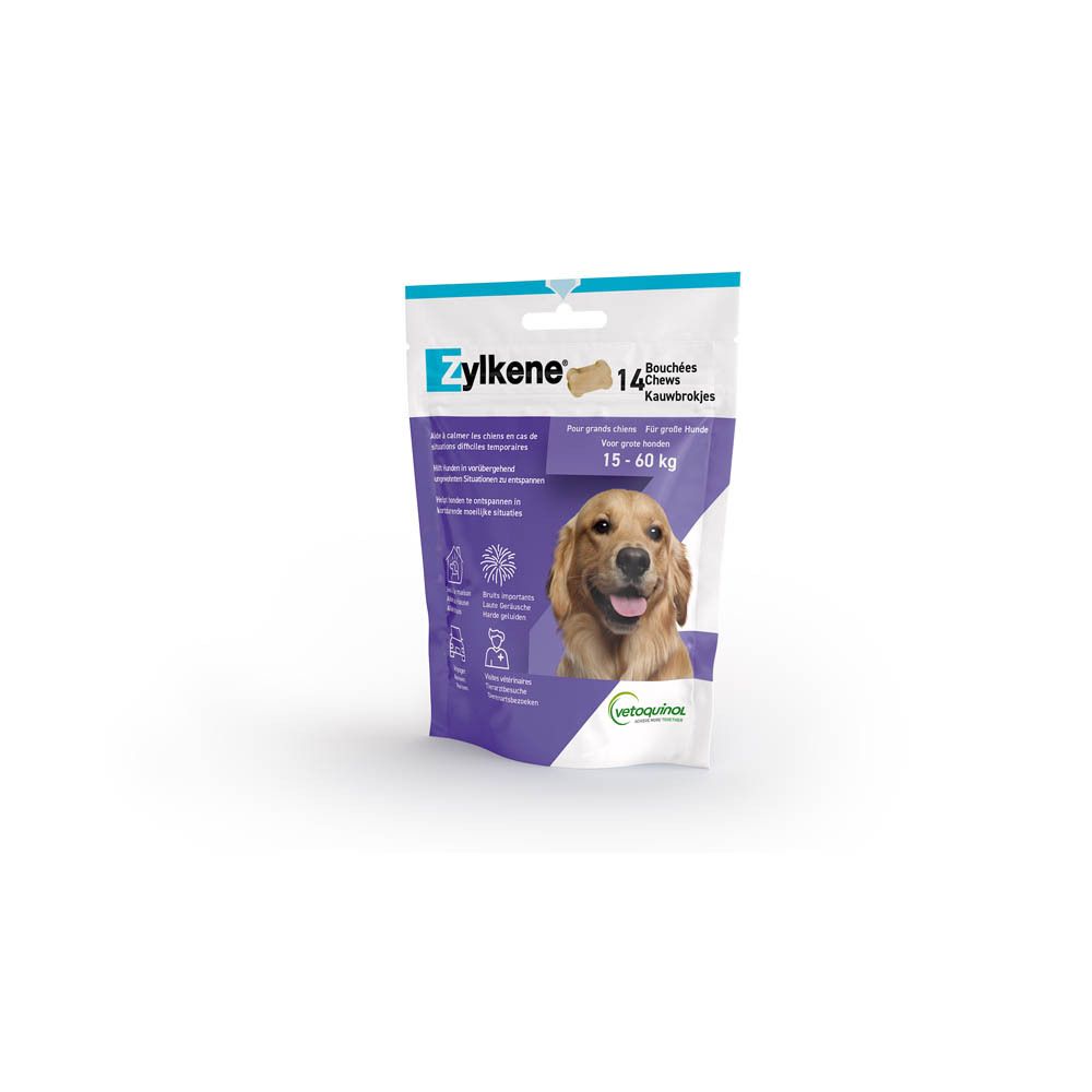 Paquet de Zylkene à mâcher avec chien. 14 pièces. Texte: 'Aide les chiens dans les situations inconfortables'. Logo Vetoquinol.