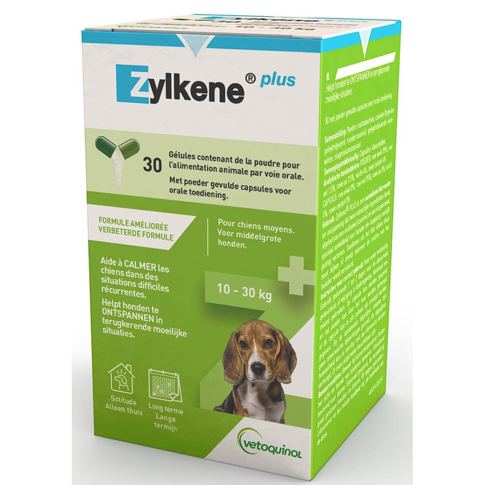 Boîte ZYLKENE® plus. Contient 30 gélules. Image d'un chien. Pour chiens de 10-30 kg. Boîte verte.