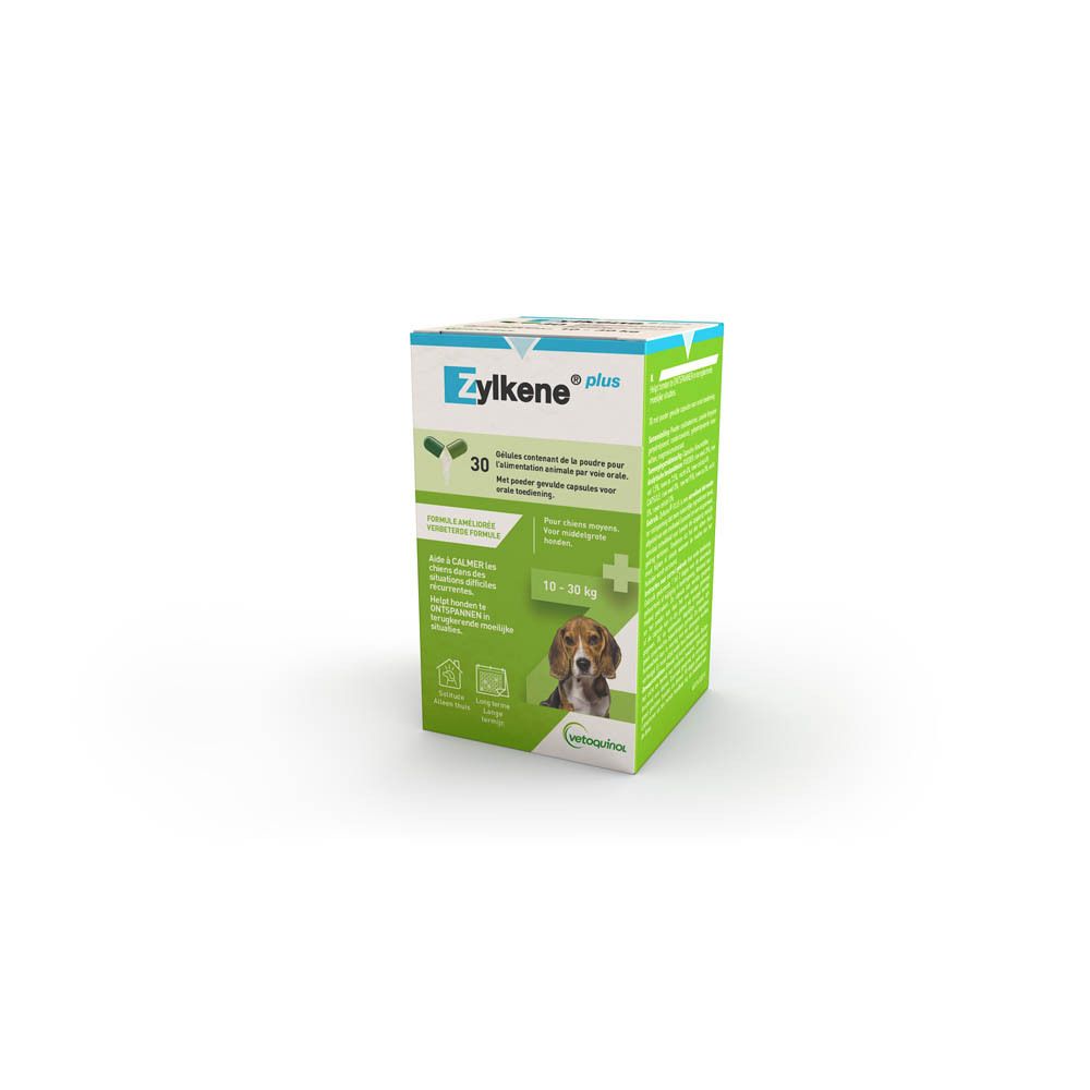 ZYLKENE® plus doos. Bevat 30 capsules. Afbeelding van een hond. Voor honden 10-30 kg. Groene doos.