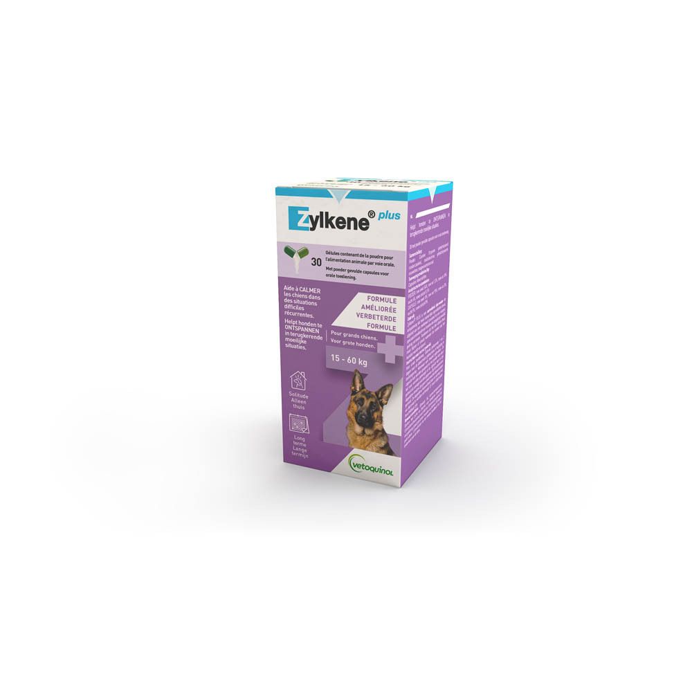 ZYLKENE® plus verpakking. Bevat 30 capsules. Voor honden 15-60 kg. Vetoquinol logo. Paarse en witte doos met hond.