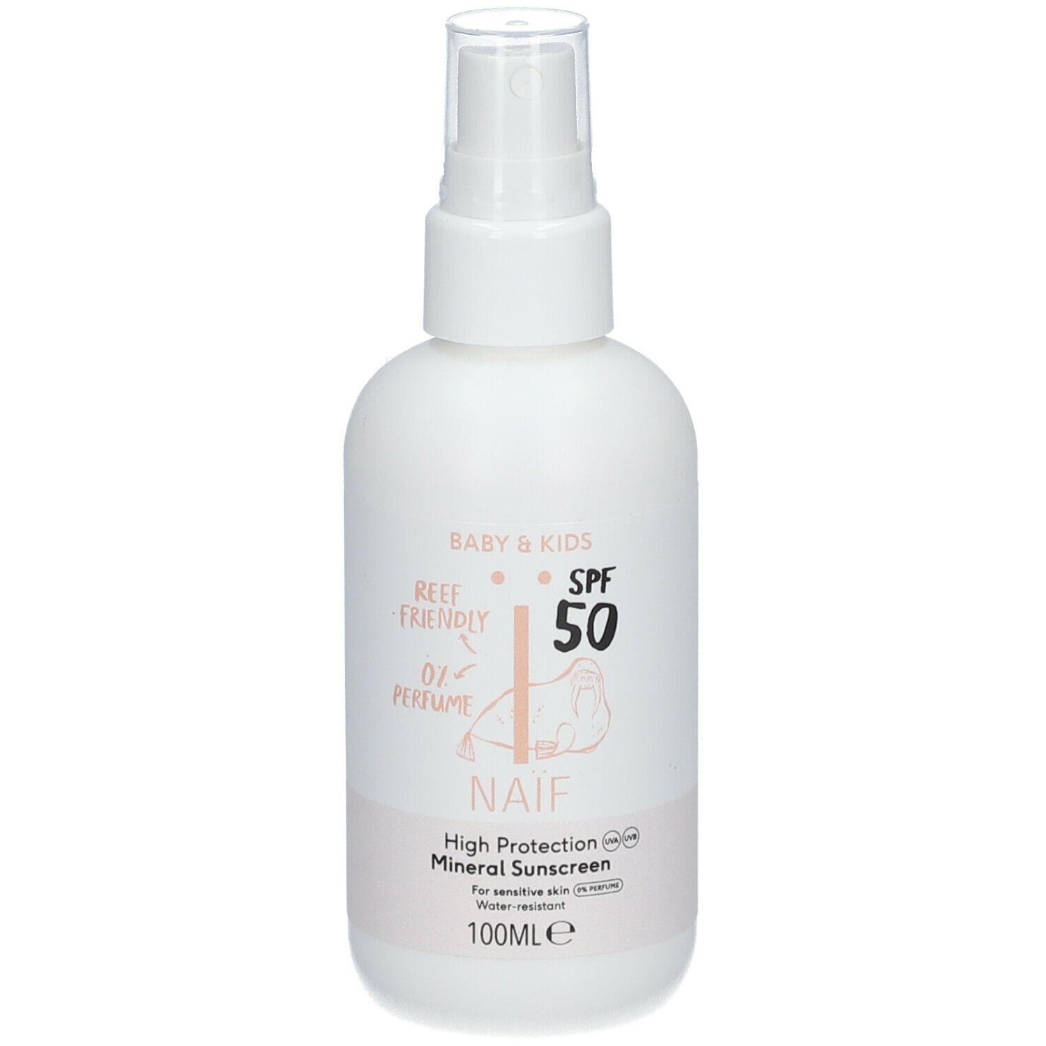 Flacon spray blanc avec logo NAÏF, SPF 50 et inscription Baby & Kids. Reef Friendly et 0% parfum.