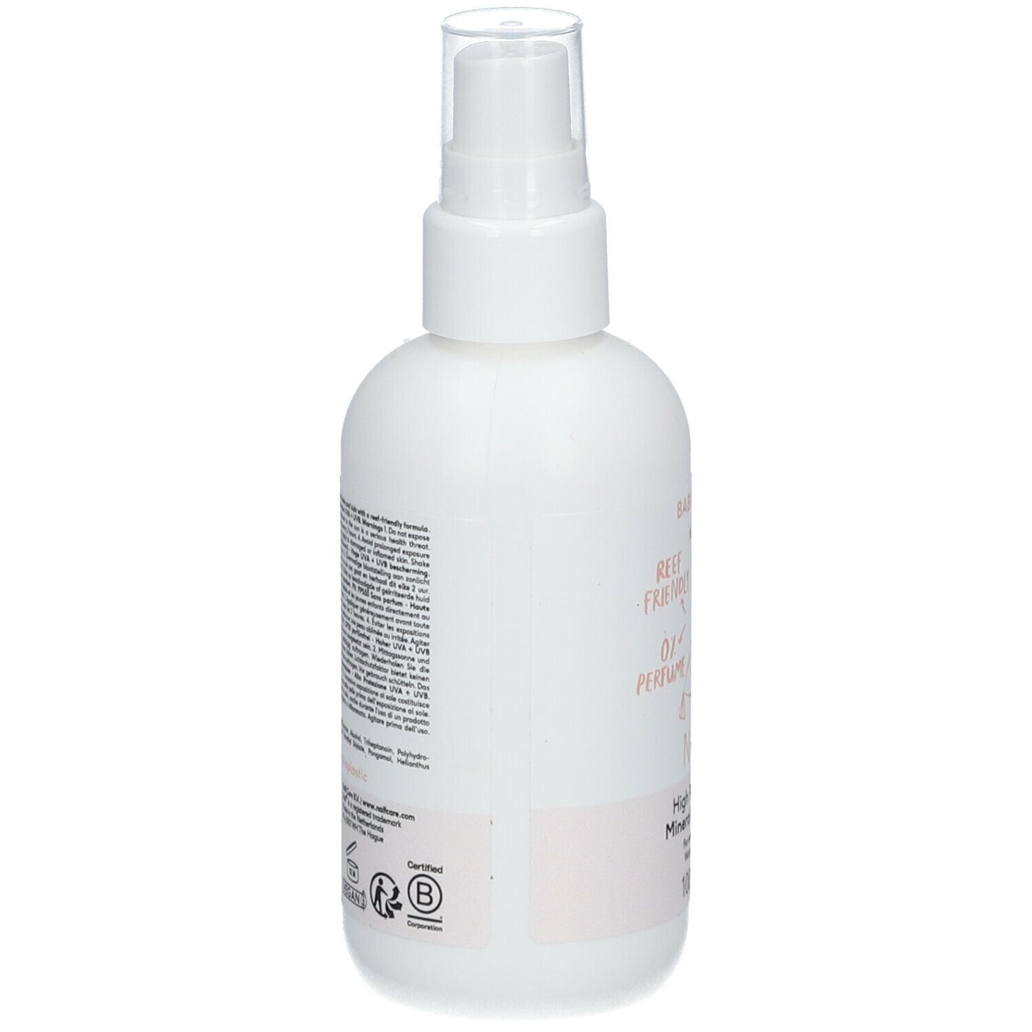 Dos du flacon spray blanc. Texte avec ingrédients et certifications. Logo Reef Friendly.