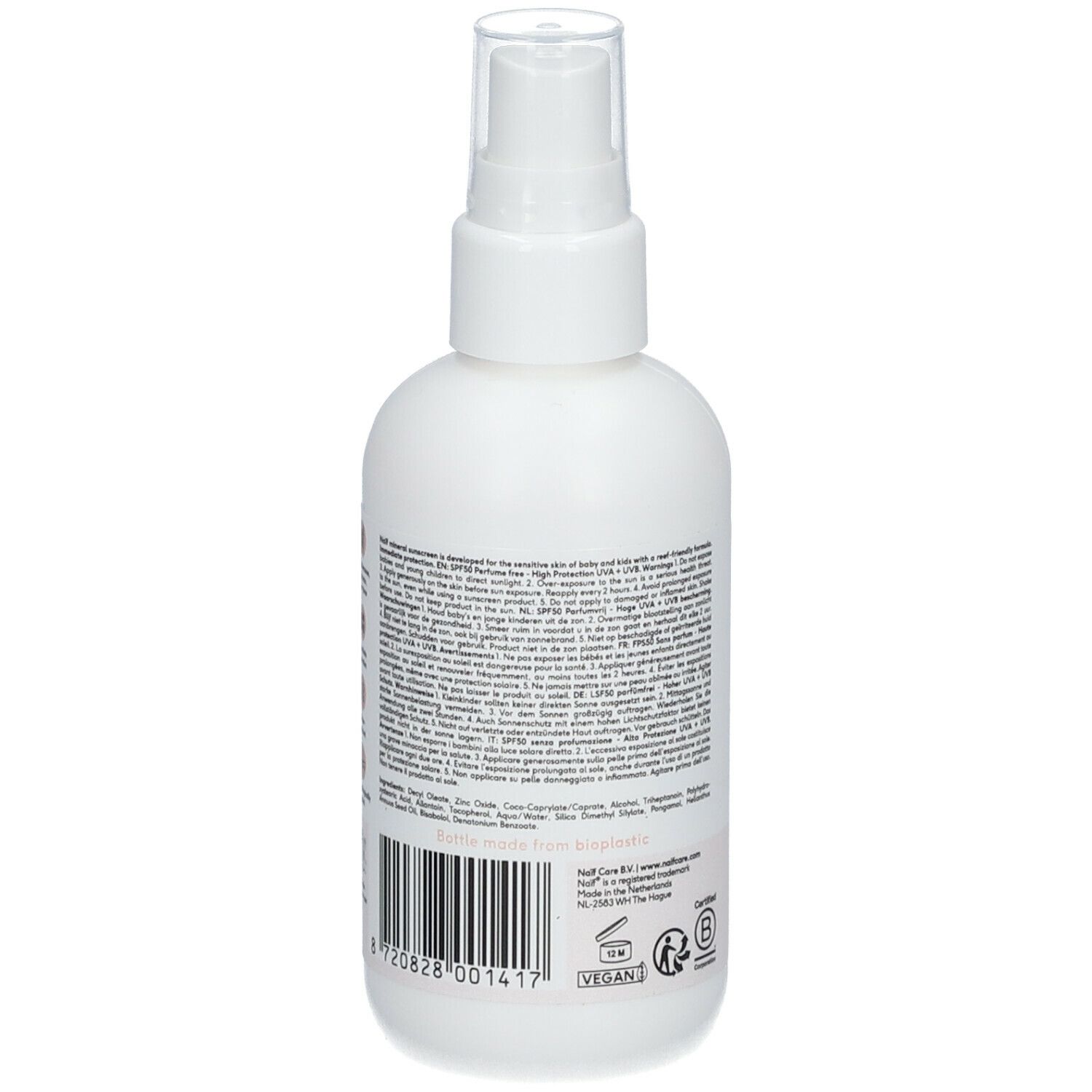 Dos du flacon spray blanc. Texte avec ingrédients, logo Vegan et code-barres.