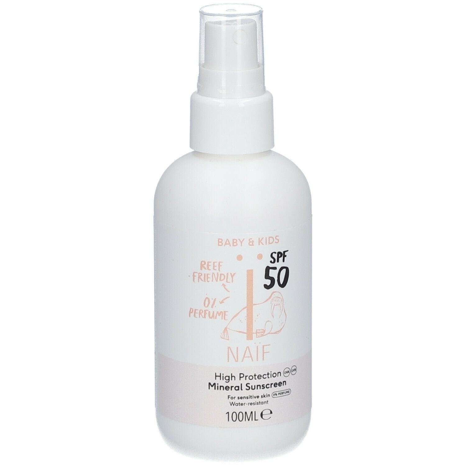 Flacon spray blanc avec logo NAÏF, SPF 50 et inscription Baby & Kids. Reef Friendly et 0% parfum.
