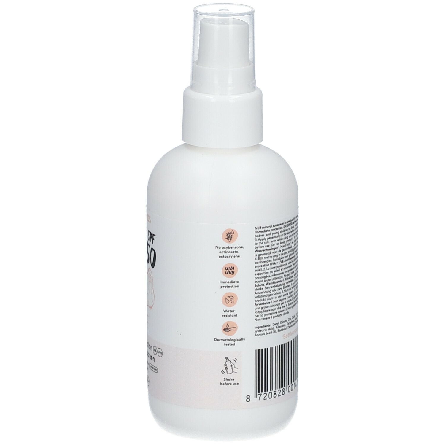 Dos du flacon spray blanc. Texte, code-barres et logos. Testé dermatologiquement.