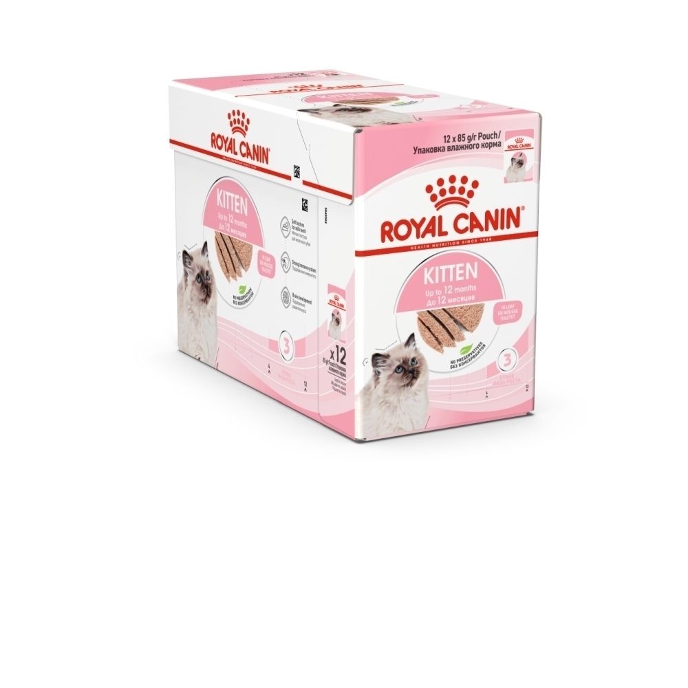 Boîte Royal Canin Kitten, 12 sachets de 85g. Pour chatons jusqu'à 12 mois.