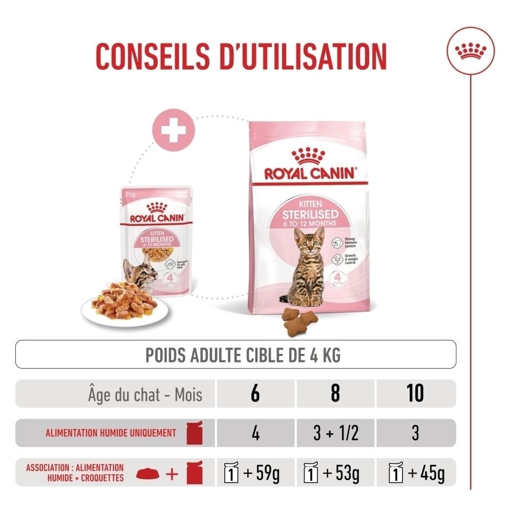 Sacs de nourriture Royal Canin Kitten Sterilised et une gamelle de croquettes.