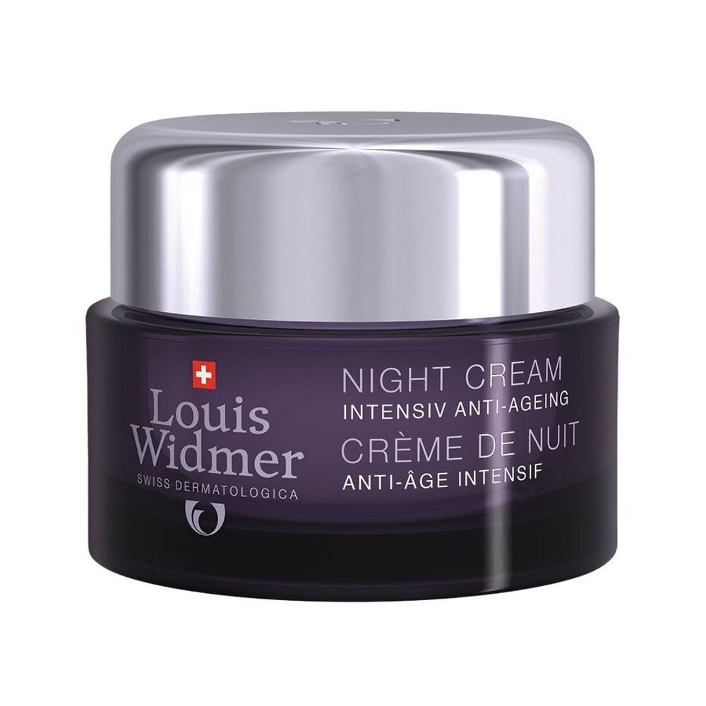 Donkerviolette pot met zilveren deksel. Opschrift: Louis Widmer, Swiss Dermatologica, Night Cream, Crème de Nuit.