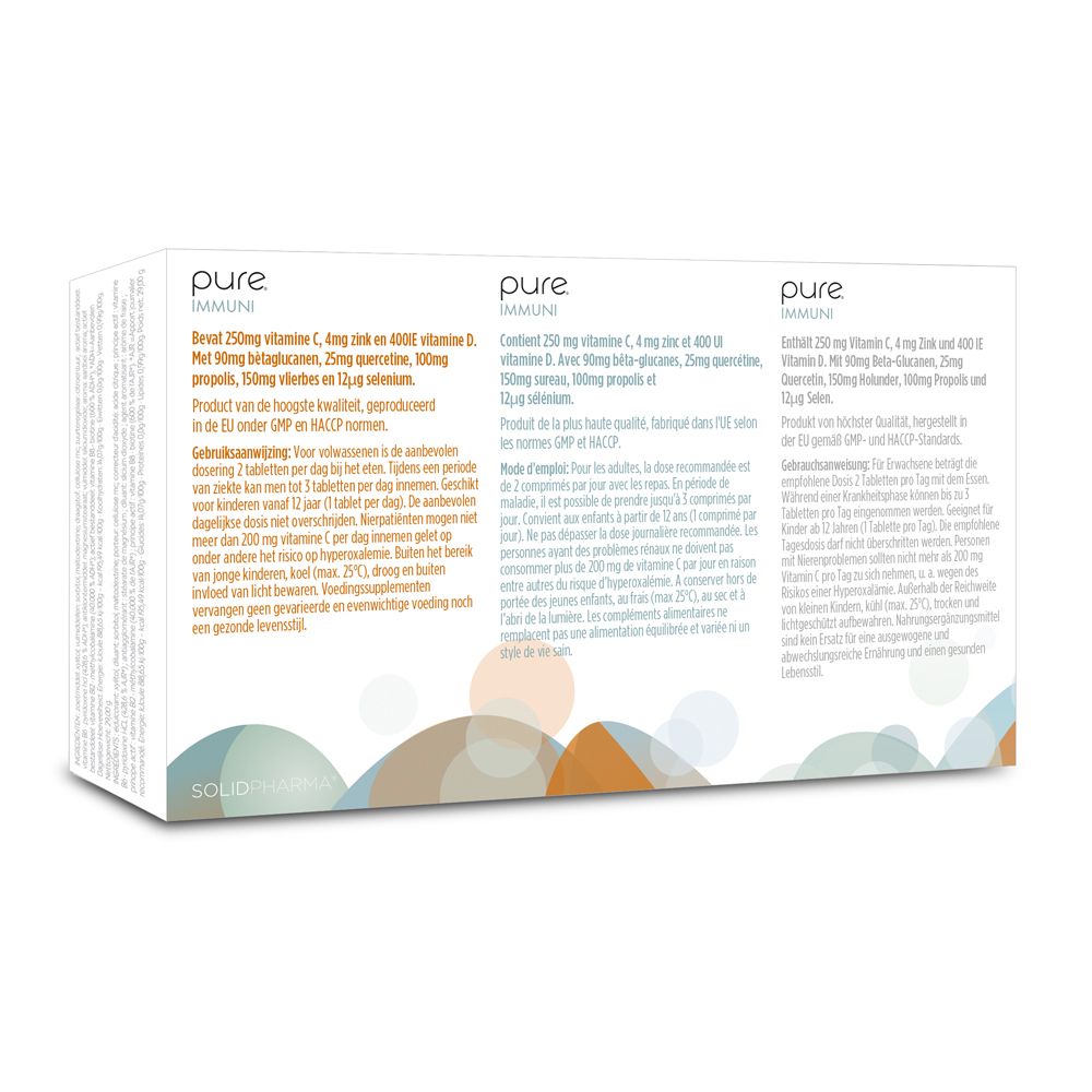 Achterkant van een witte doos met productinformatie in meerdere talen. Voedingssupplement.