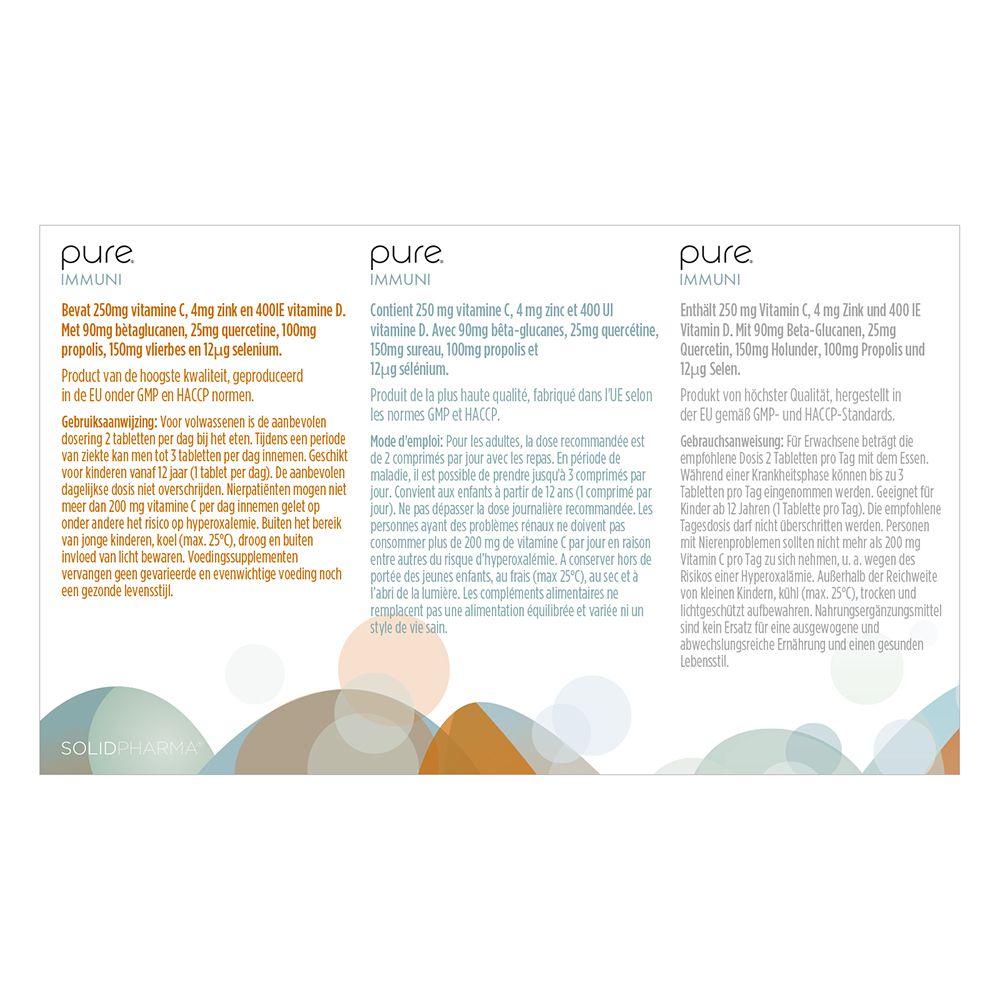 Achterkant van een witte doos met productinformatie in meerdere talen. Voedingssupplement.