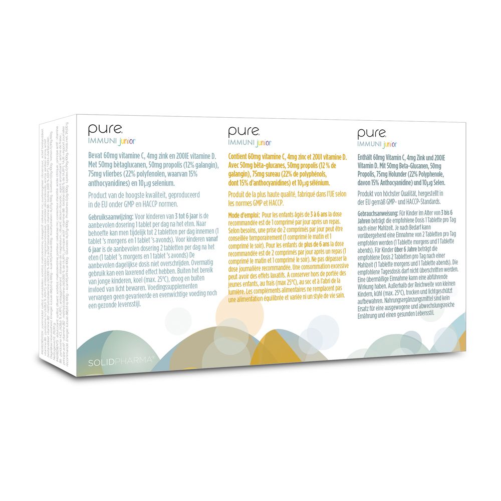 Achterkant van de doos met « pure IMMUNI junior ». Meertalige tekst. Gekleurde cirkels.