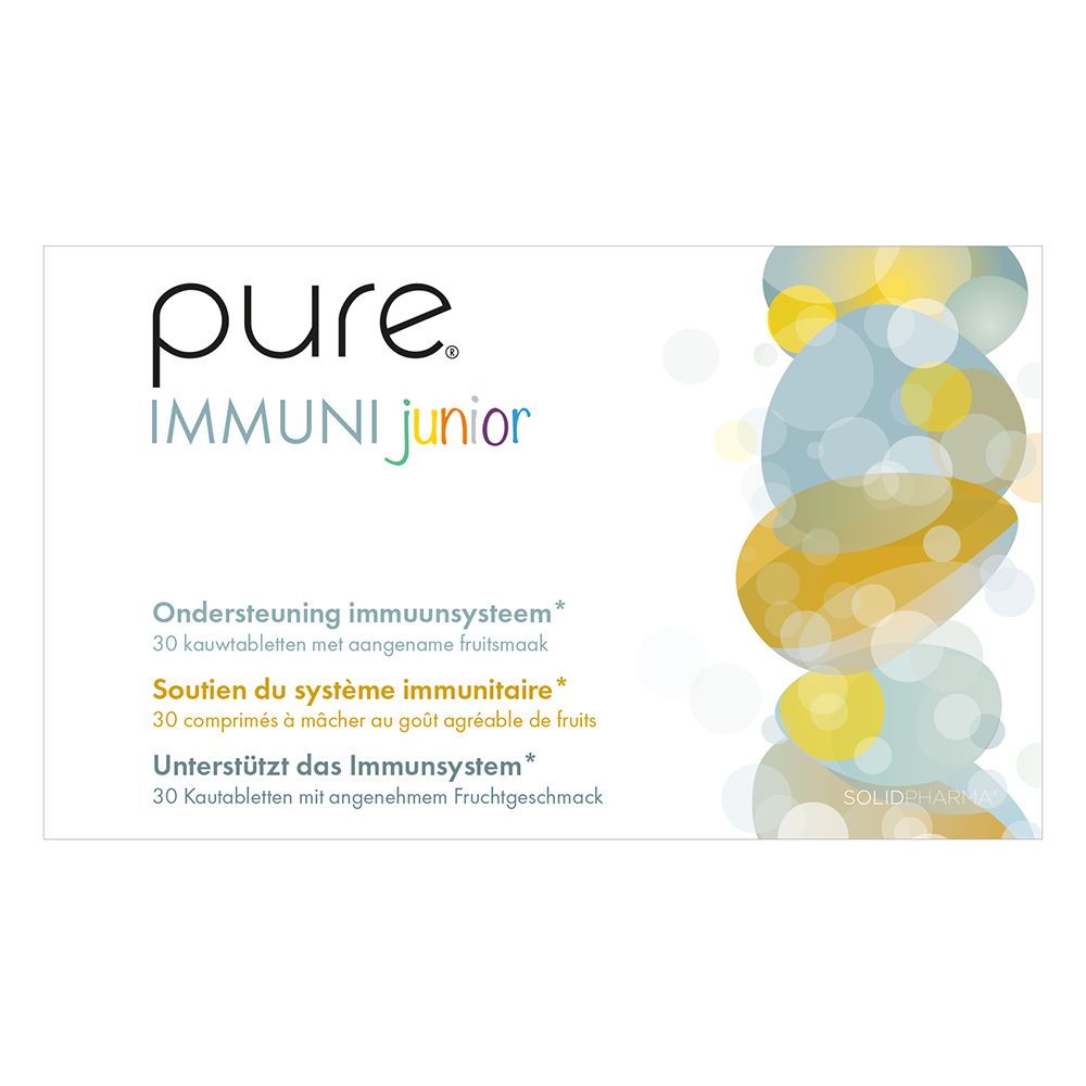 Witte doos met « pure IMMUNI junior » logo. Tekst in Nederlands, Frans en Duits. Gekleurde cirkels.