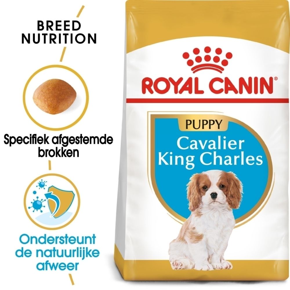 Voorkant van de Royal Canin Cavalier King Charles Puppy 1,5 kg voerzak met hondenafbeelding en productkenmerken.