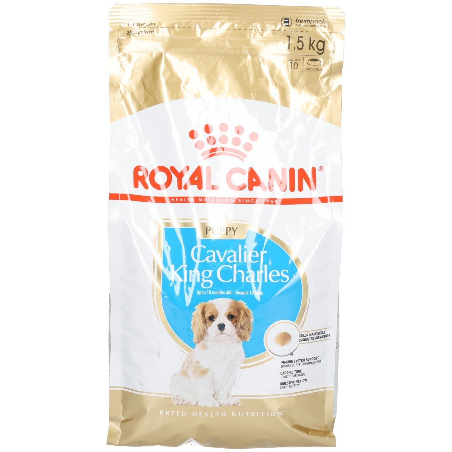 Sac de 1,5 kg de nourriture Royal Canin Cavalier King Charles pour chiot, avec image de chien et informations produit.