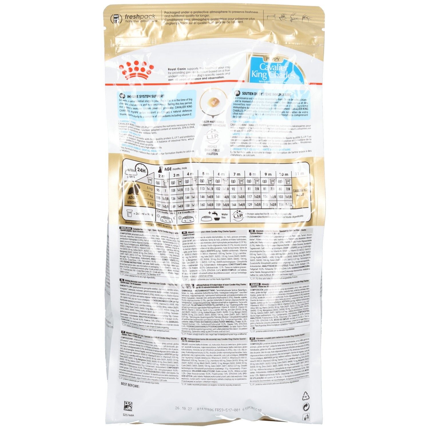 Arrière d'un sac de 1,5 kg de nourriture Royal Canin Cavalier King Charles pour chiot, avec tableau d'alimentation et informations produit.